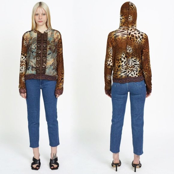 Y2K Cheetah Leopard Zip Up Hooded Sheer Top - Picture 3 of 3